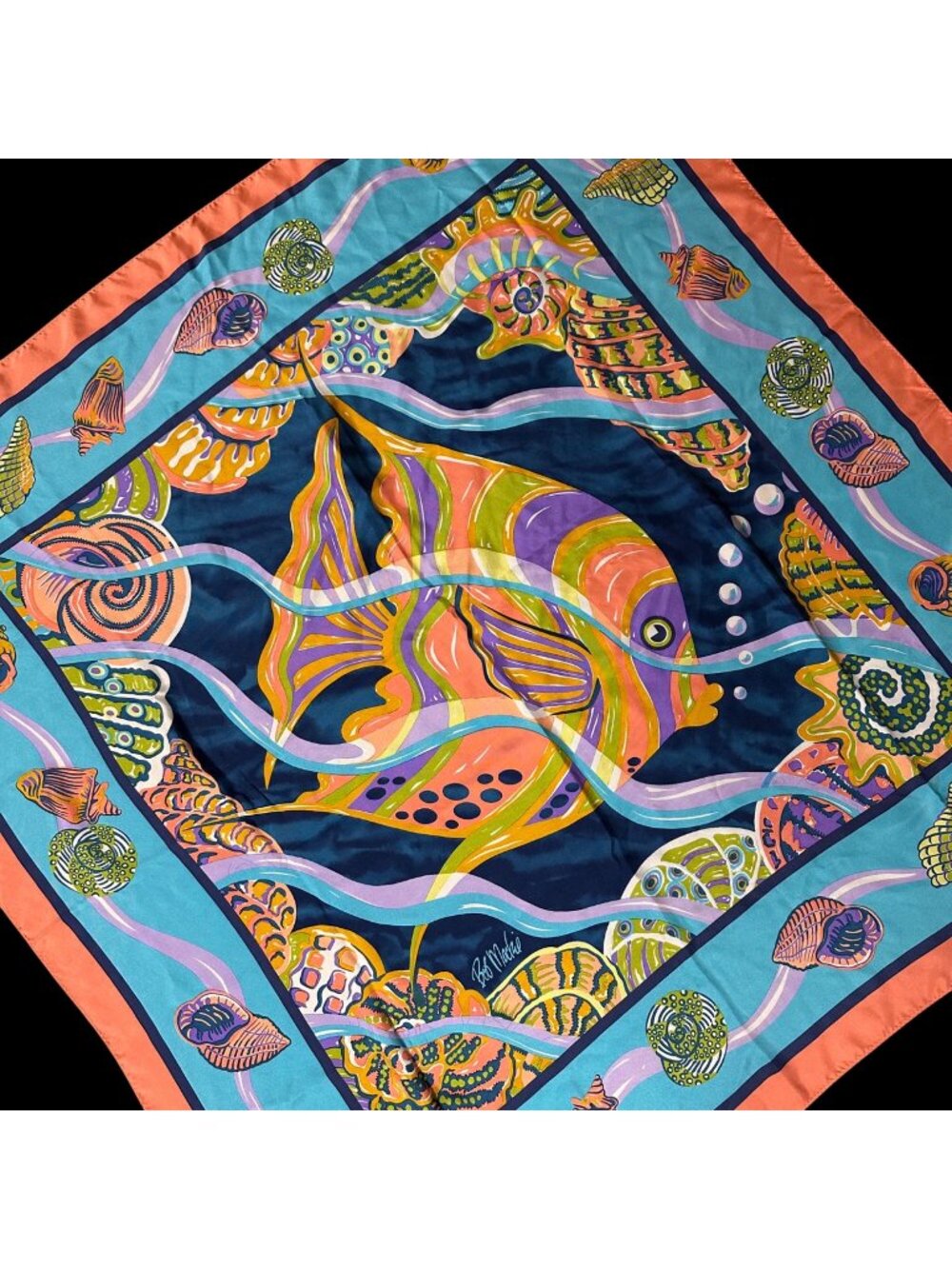 Vintage Silk Scarf Bob Mackie Wearable Art Tropical Fish Seashells Coral Blue
